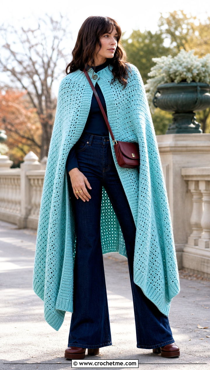 Crochet Cape Coat With Flared Jeans - 25 Crochet Coat For Women outfit ideas