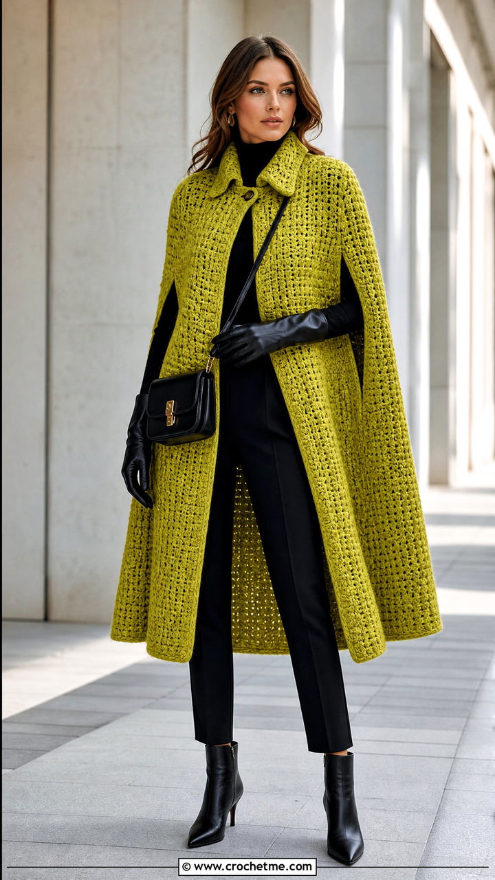 Crochet Cape Coat With Slim Trousers - 35 crochet coats outfit ideas