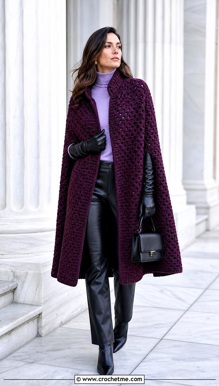 Crochet Cape Coat With a Turtleneck and Leather Pants - 15 stylish crochet coat design outfit ideas