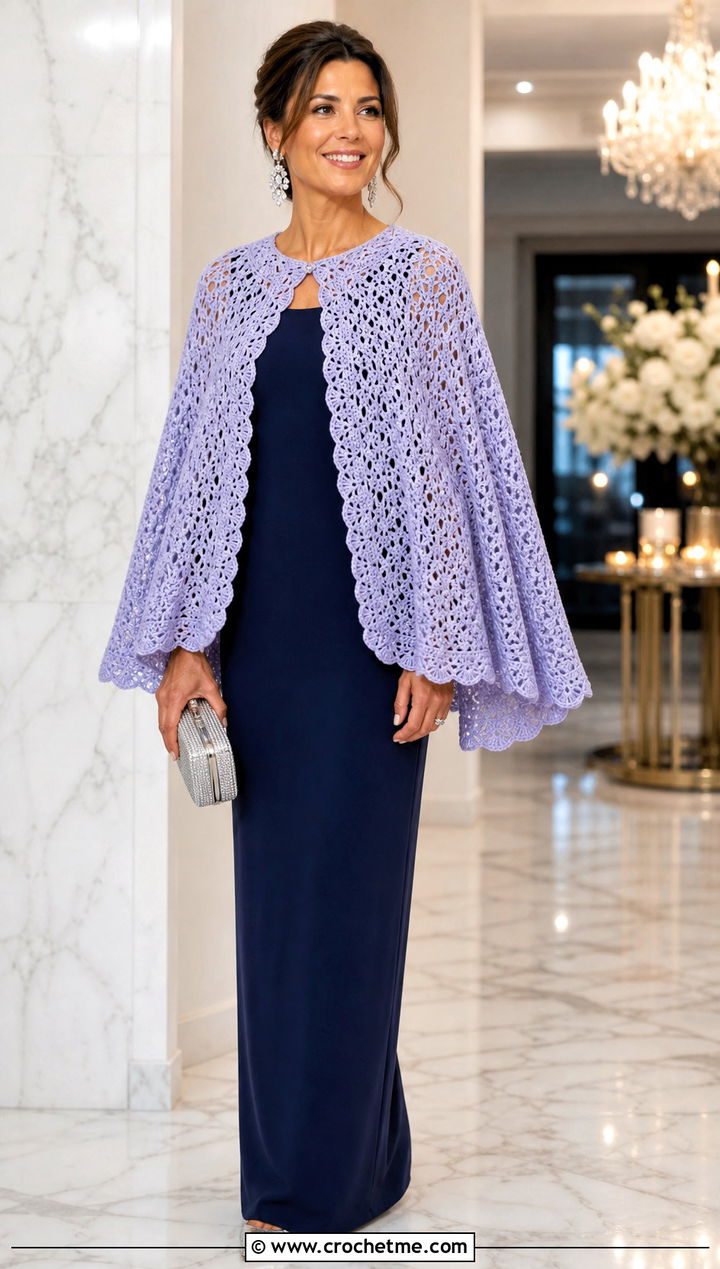 Crochet Cape Jacket With Column Dress - 20 crochet jacket for ladies outfit ideas