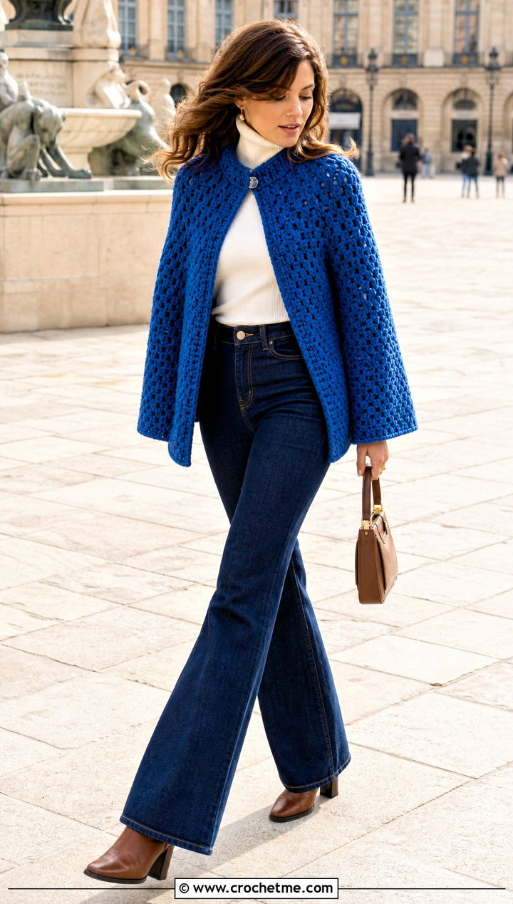 Crochet Cape Jacket With Flared Jeans - 30 crochet winter jacket outfit ideas