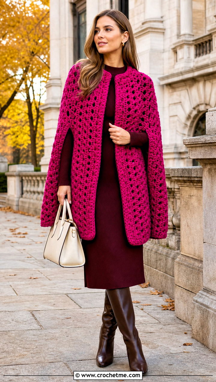 Crochet Cape Jacket With Knit Dress And Tall Boots - 20 Crochet Ladies Jacket outfit ideas