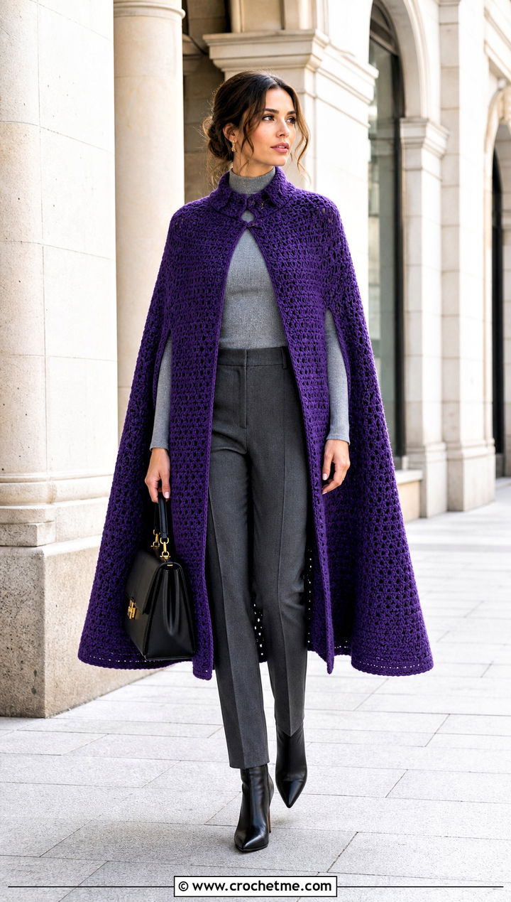 Crochet Cape Jacket With Slim Trousers - 35 crocheted jacket outfit ideas