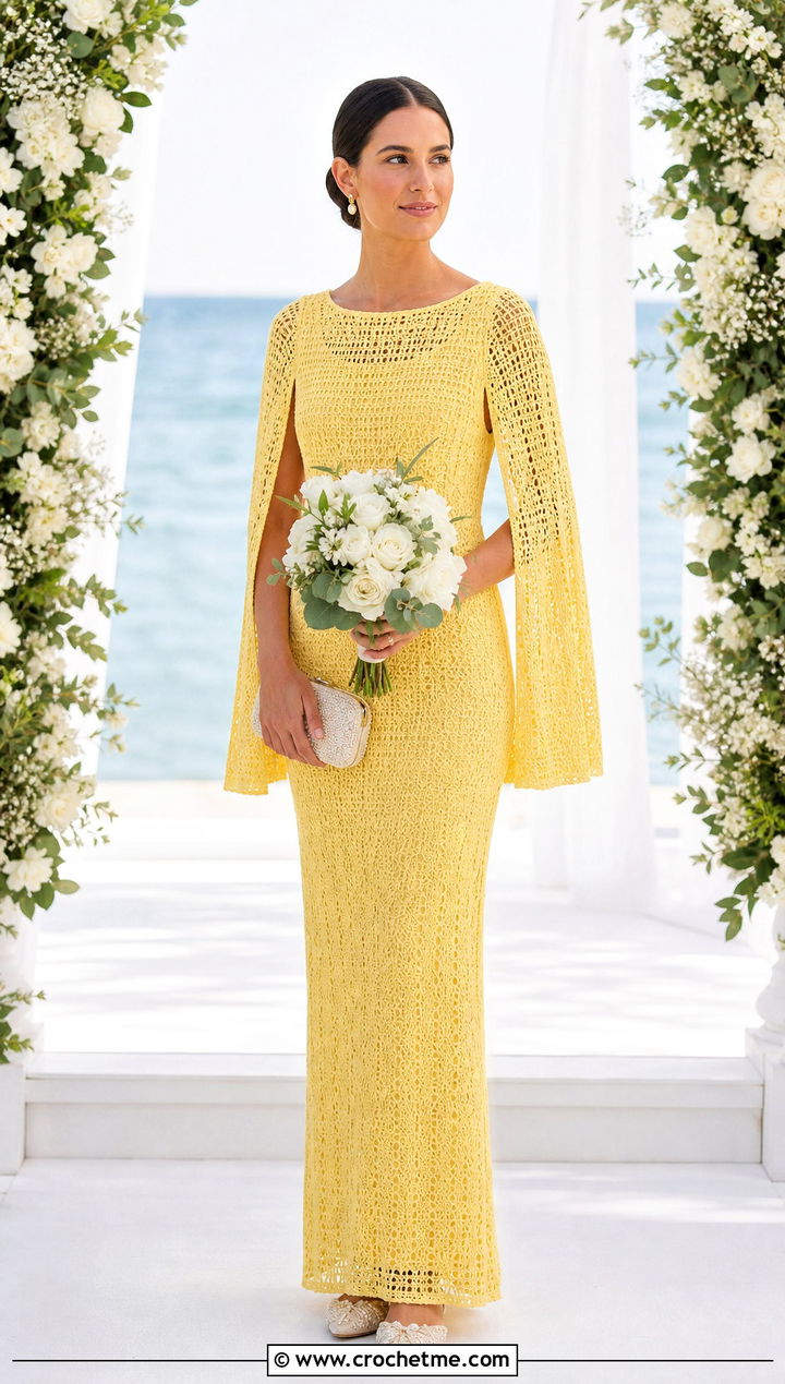 Crochet Cape Sleeve Beach Wedding Dress With Pearl Flats - 20 crochet beach wedding dress outfit ideas