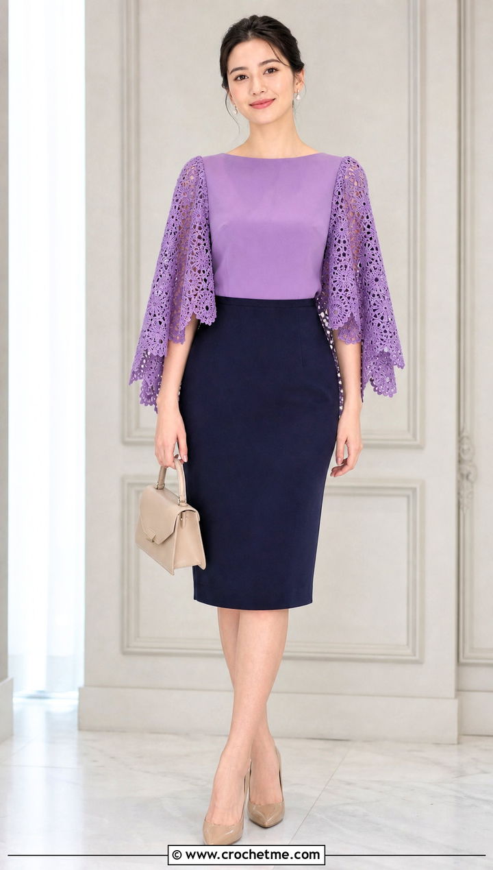 Crochet Cape Sleeve Blouse With Pencil Skirt - 30 crochet and fabric top outfit ideas