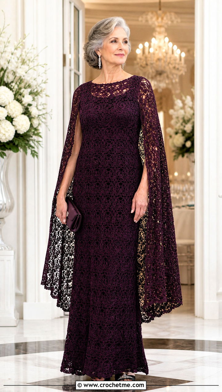 Crochet Cape Sleeve Gown Wedding Outfit - 25 Crochet Wedding Outfit ideas