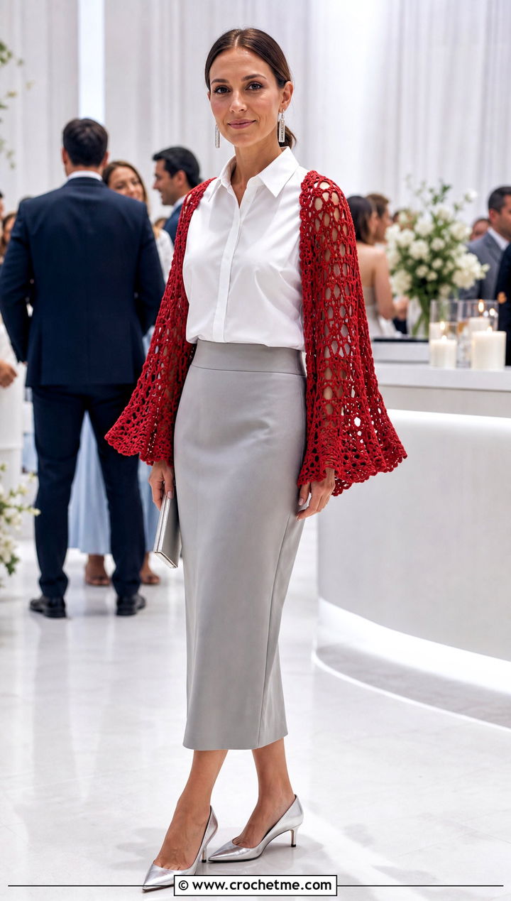 Crochet Cape Sleeve Upcycled Shirt With Column Skirt - 20 Upcycle Shirt With Crochet outfit ideas
