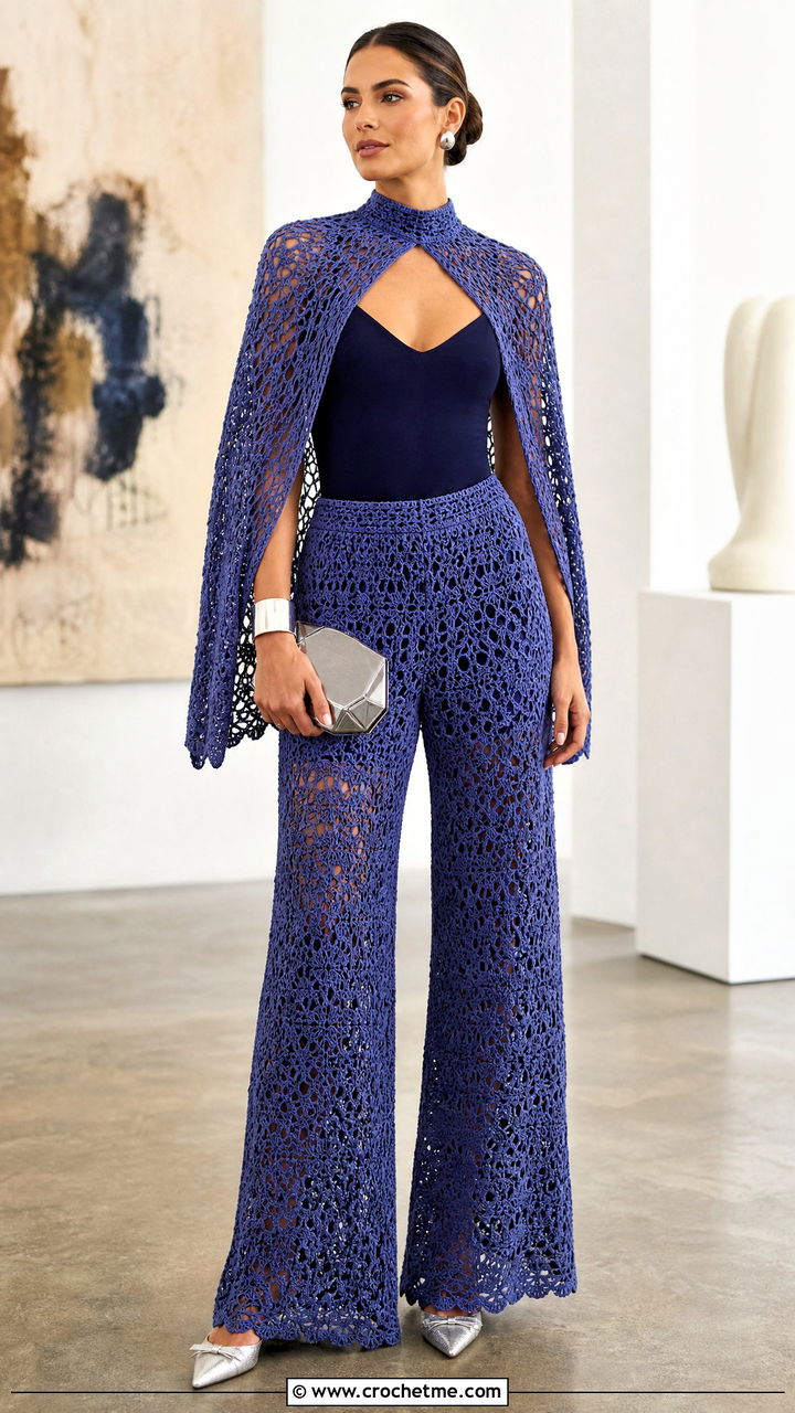 Crochet Cape Top And Wide Leg Pants With Pointed Flats - 35 crochet two piece outfit ideas