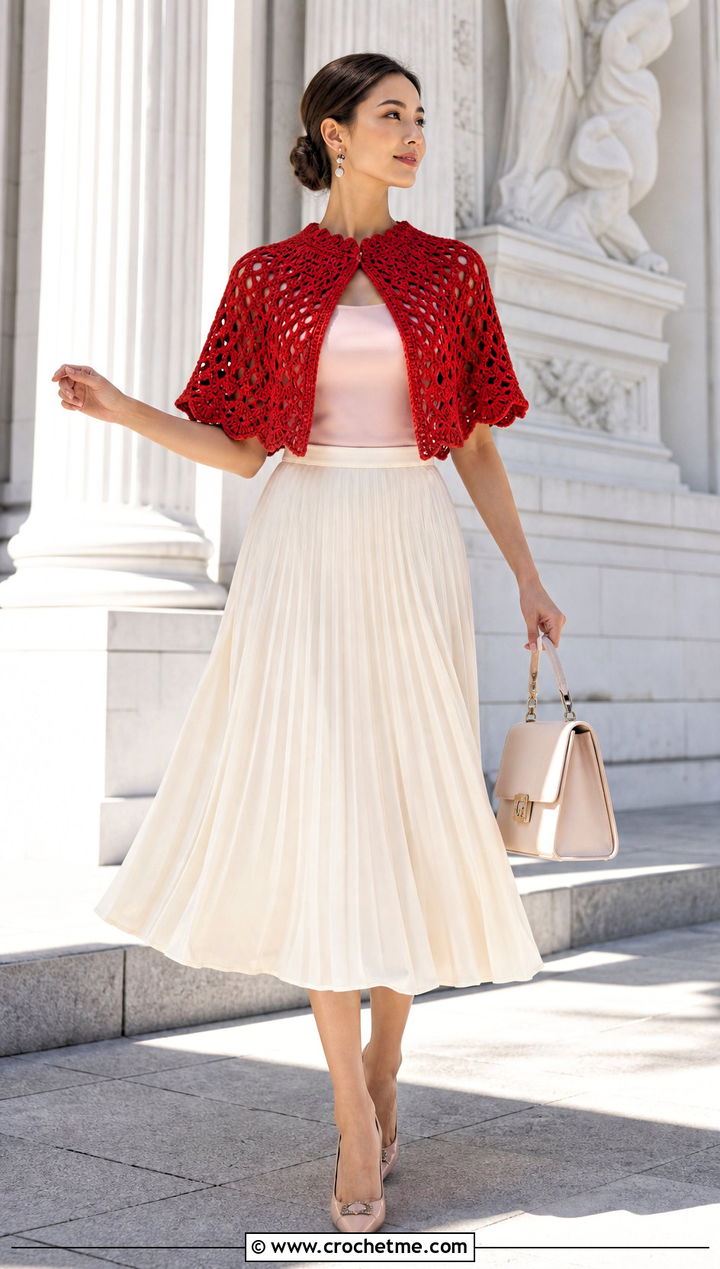 Crochet Cape Top With Pleated Midi Skirt - 15 Crochet Photo Shoot Outfits ideas