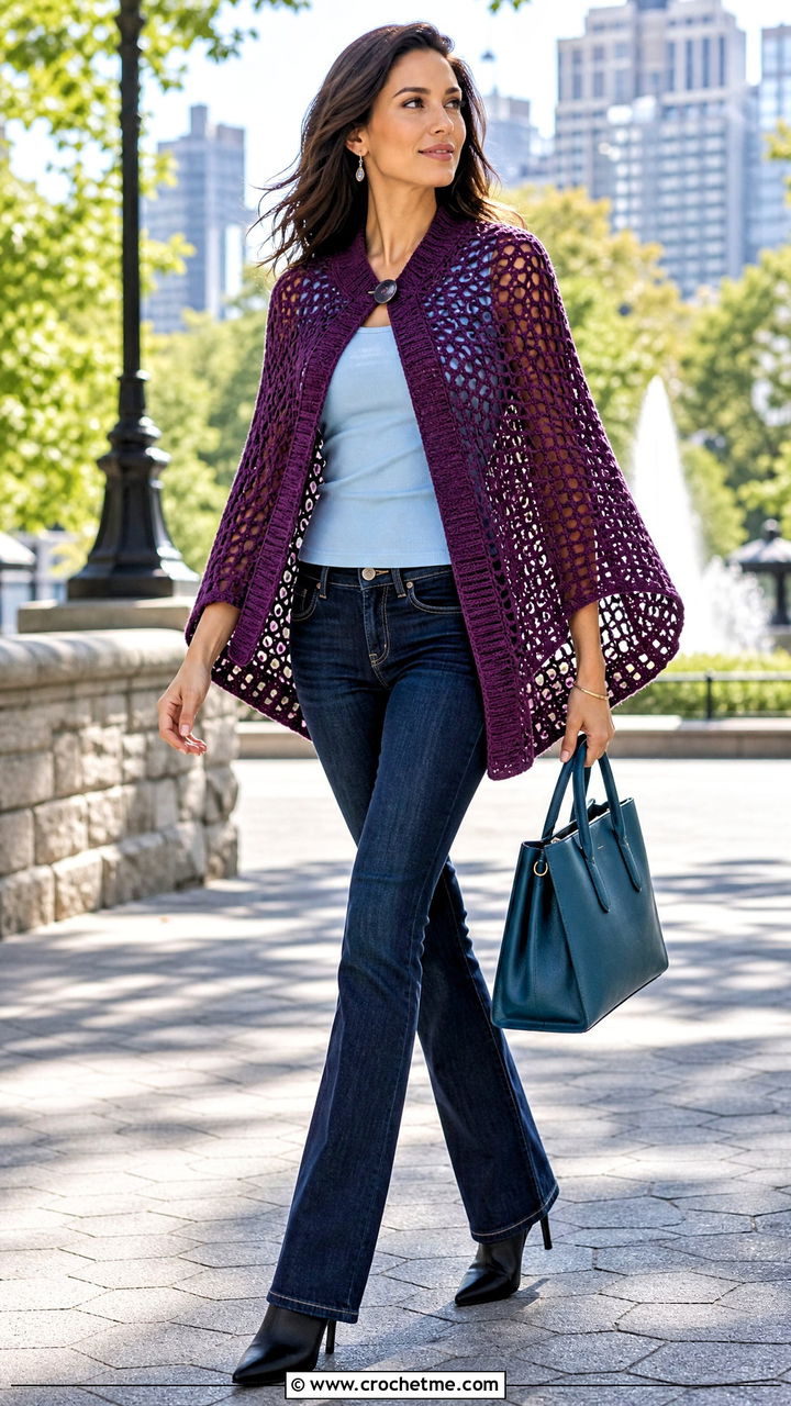 Crochet Cape Top With Slim Flare Jeans - 35 trendy crochet tops outfit ideas