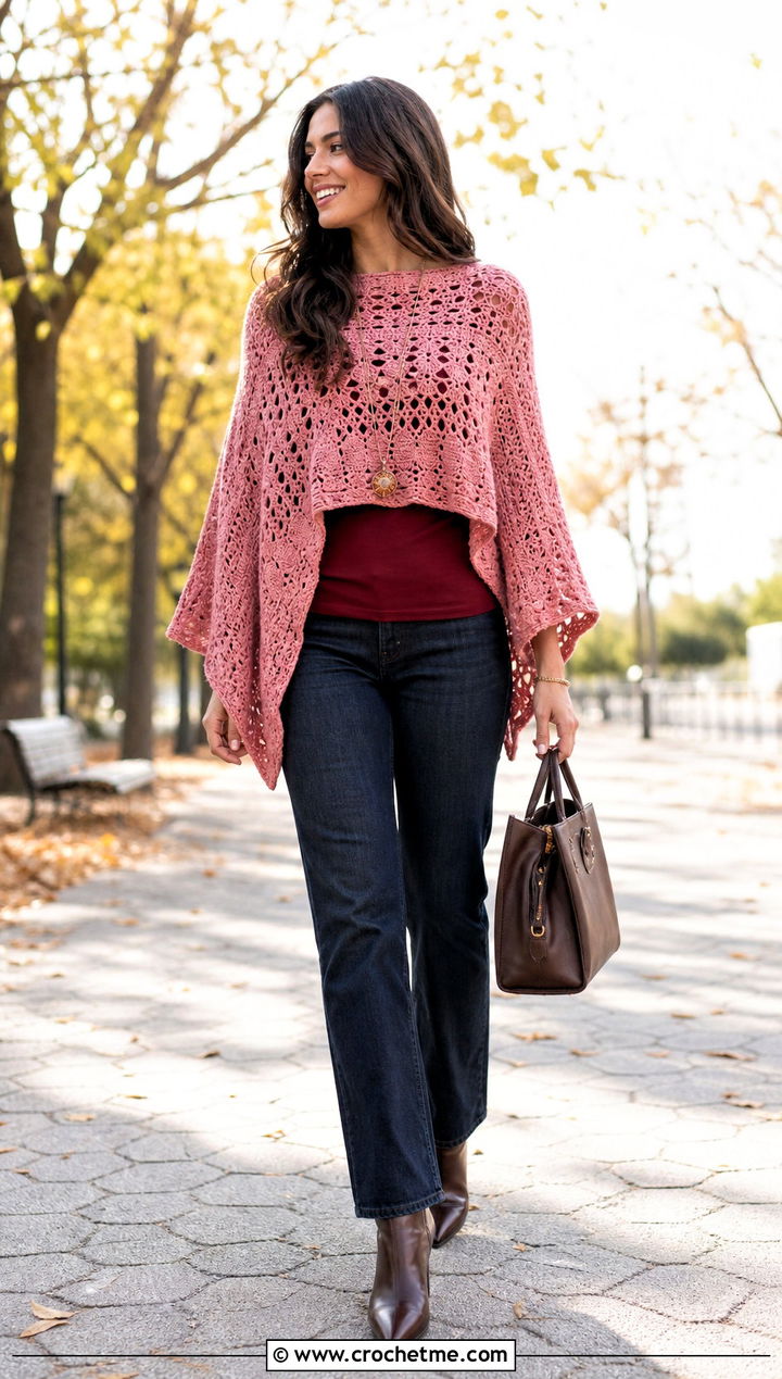 Crochet Cape Top With Straight Leg Jeans - 30 crochet top for outfit ideas