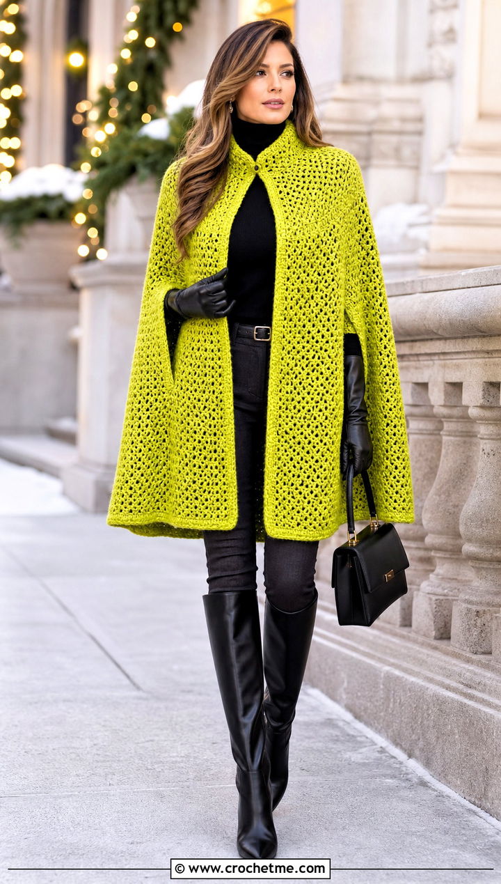 Crochet Cape Winter Coat With Slim Pants - 20 Crochet Winter Coat outfit ideas