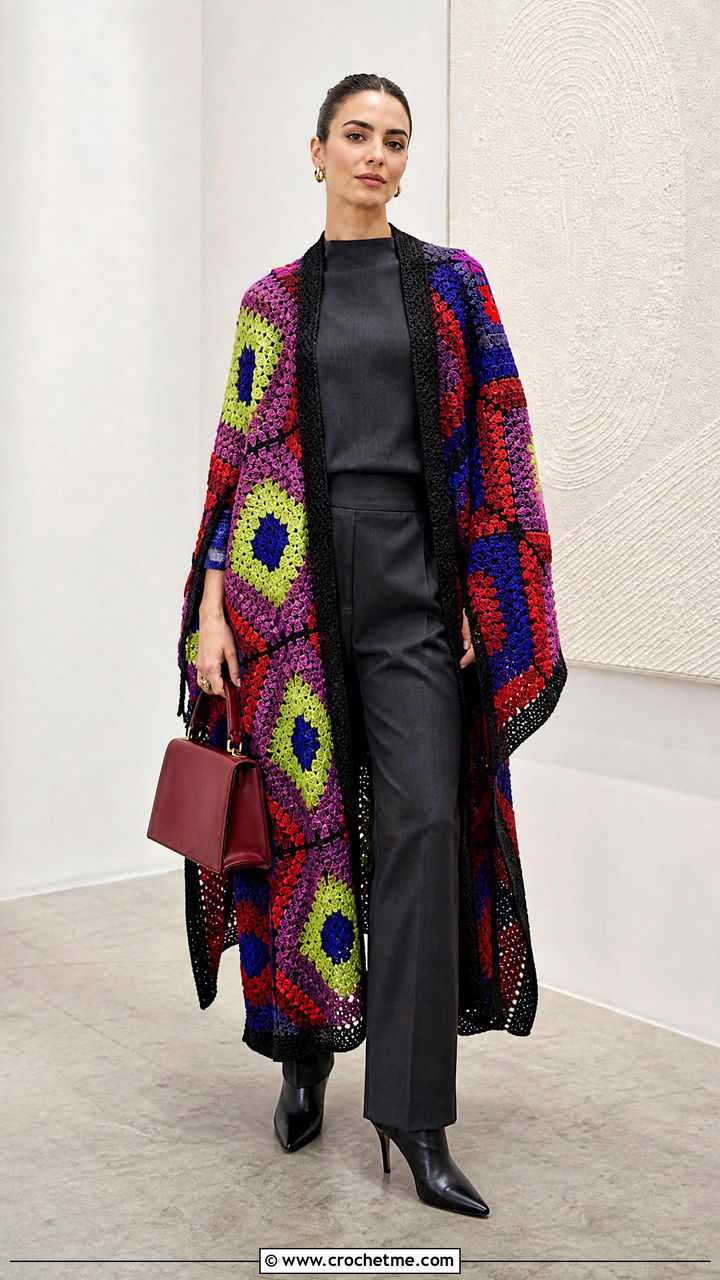 Crochet Cape With Column Top Trousers and Ankle Boots - 35 crochet clothes ideas