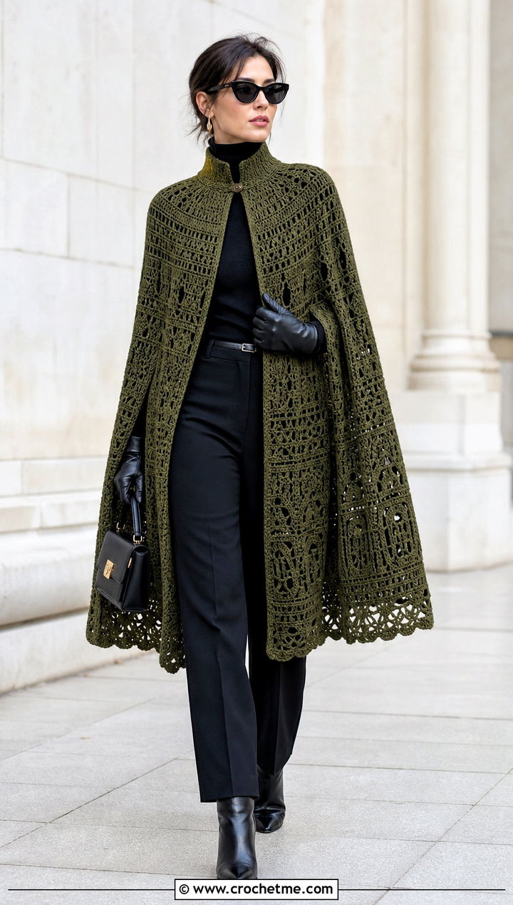 Crochet Cape With Monochrome Base Layers - 25 winter crochet outfit ideas