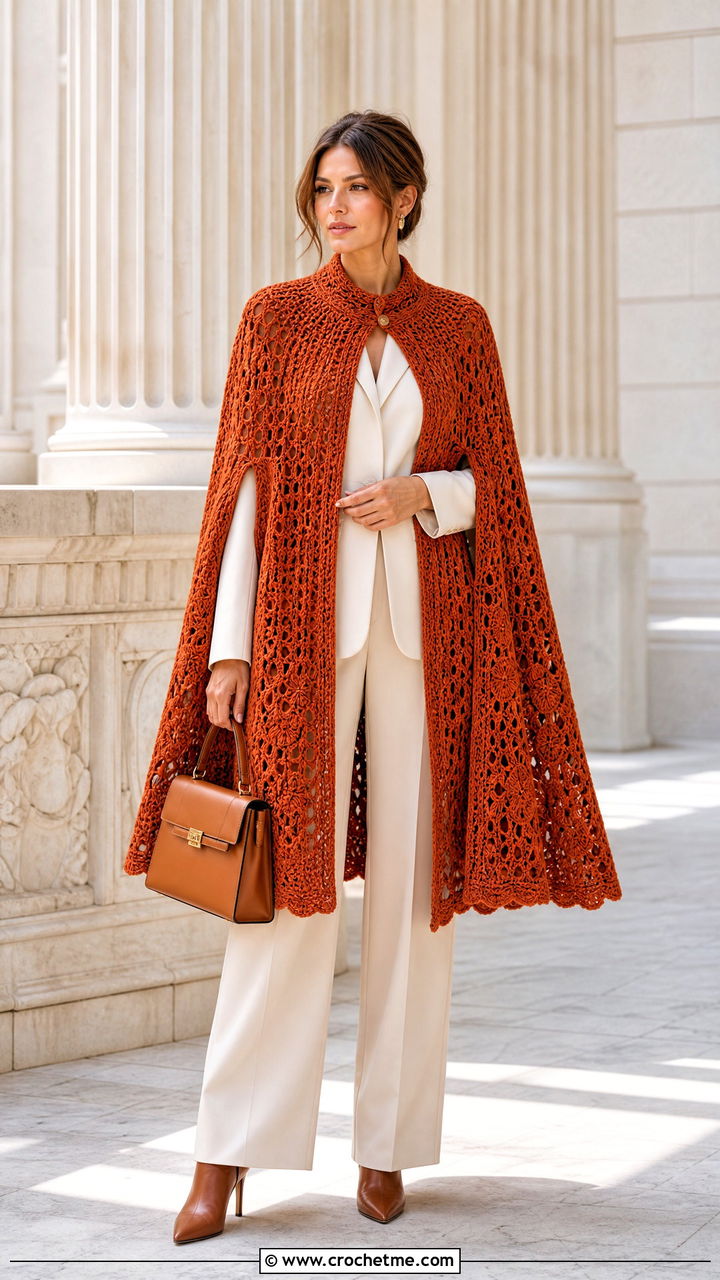 Crochet Cape With Monochrome Trouser Suit - 35 crochet fall clothes and outfit ideas