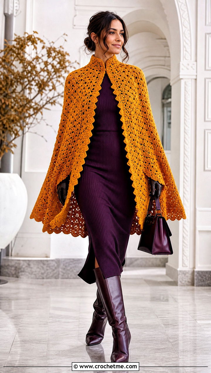 Crochet Cape With Ribbed Knit Dress And Boots - 30 Fall Crochet Clothes Ideas