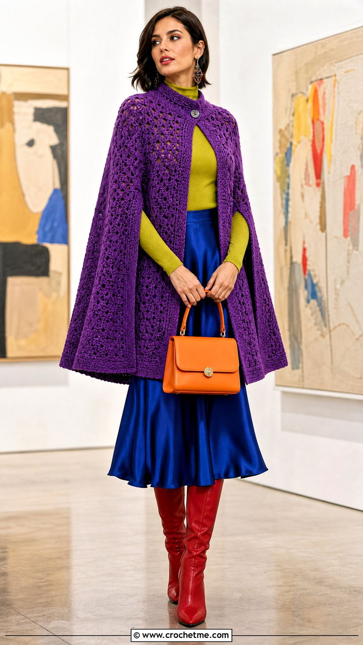 Crochet Cape With Satin Skirt And Knee High Boots - 35 crochet outfits ideas