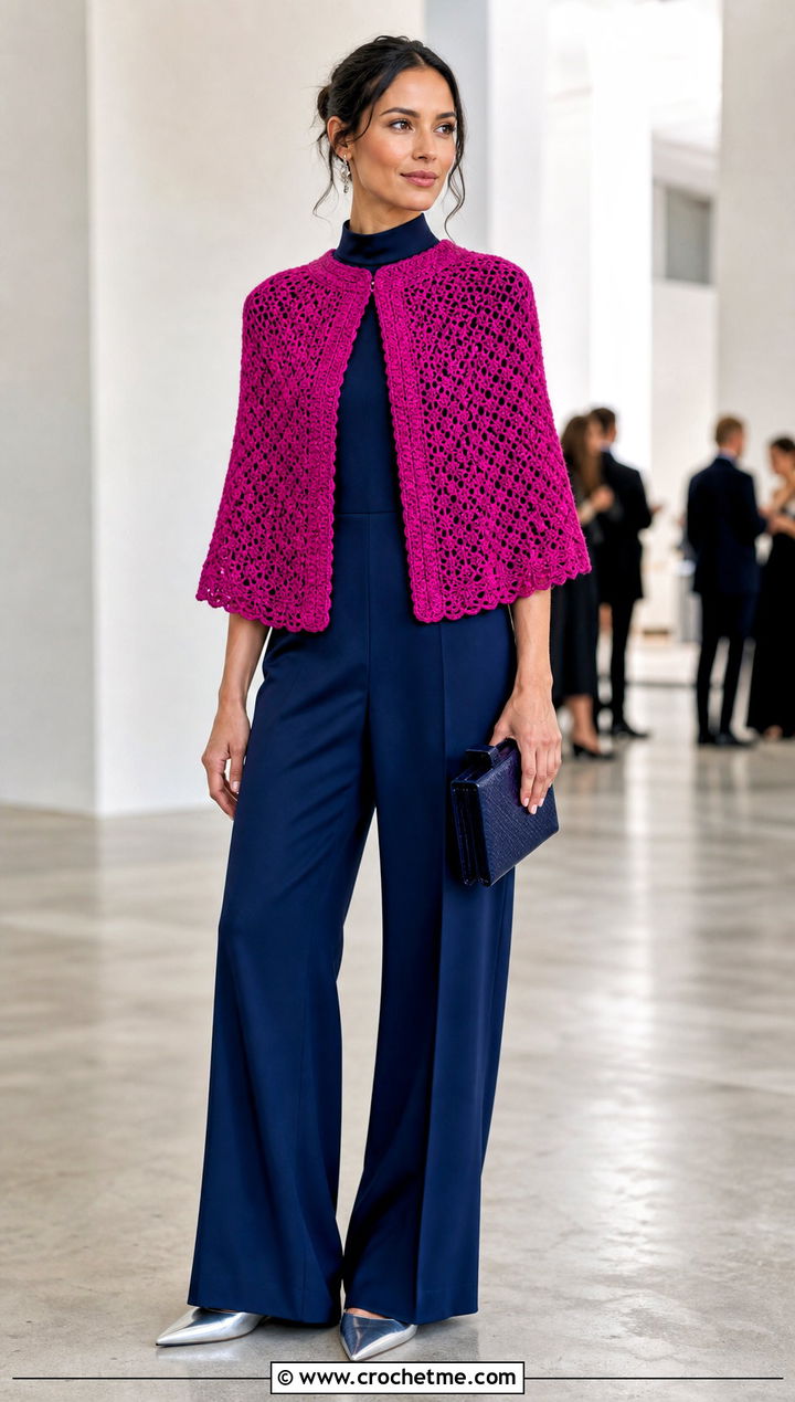 Crochet Cape With Tailored Jumpsuit - 35 Modest Crochet Outfit Ideas