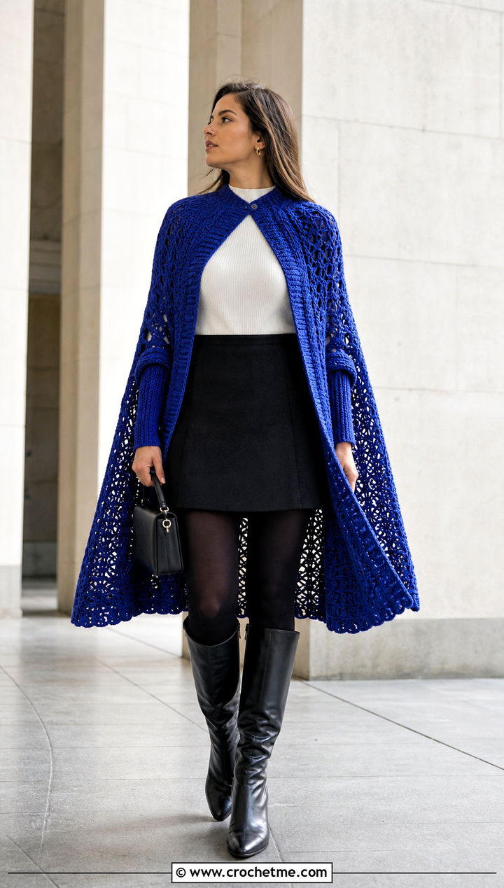 Crochet Cape Wrap With Fitted Sleeves And Mini Skirt - 35 crochet wrap with sleeves outfit ideas