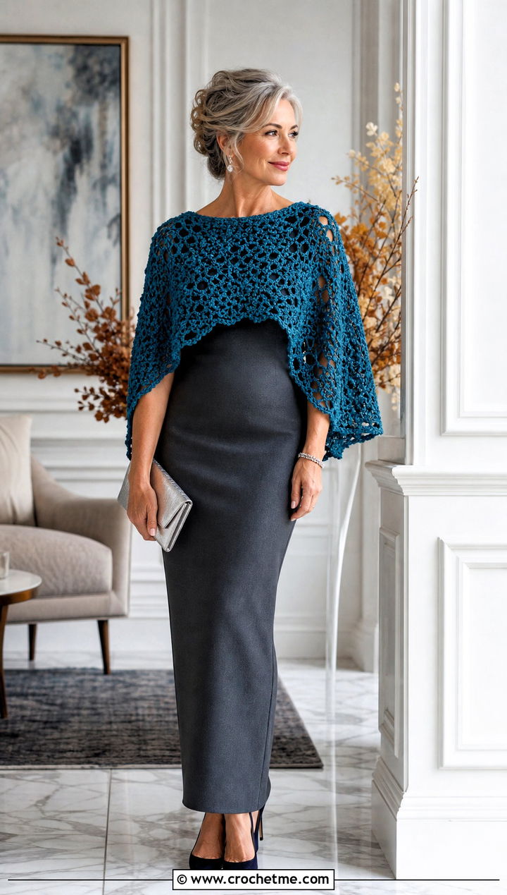 Crochet Capelet And Column Dress Wedding Guest Outfit - 25 crochet wedding guest outfit ideas
