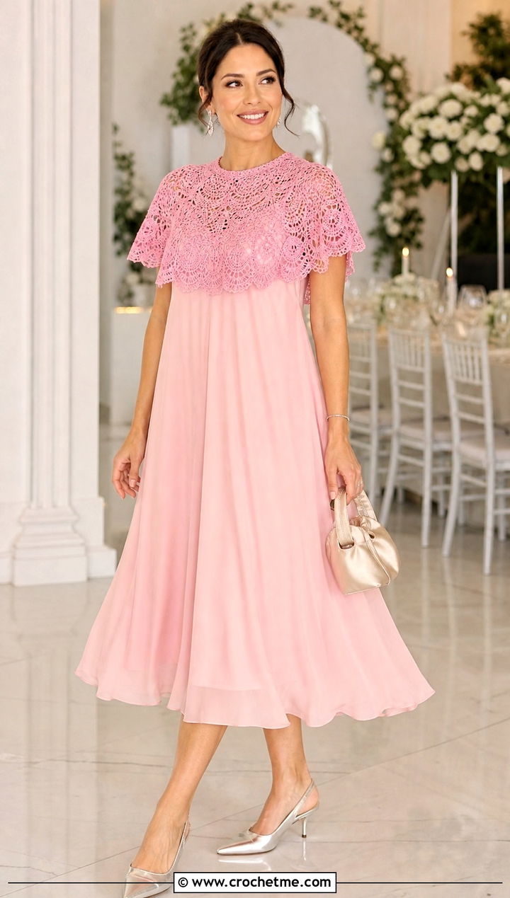 Crochet Capelet Chiffon Dress With Slingback Heels - 25 crochet and fabric dress outfit ideas