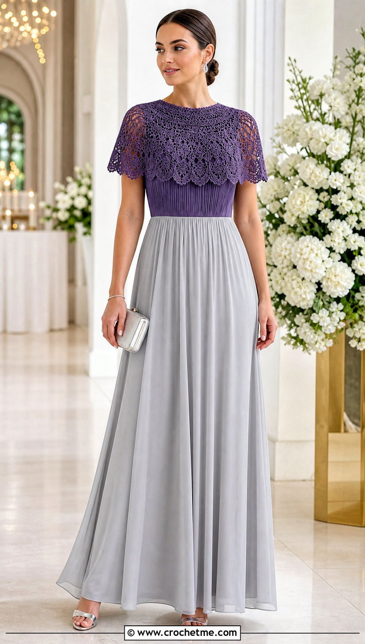 Crochet Capelet Chiffon Maxi Dress With Metallic Sandals - 25 fabric and crochet dress outfit ideas