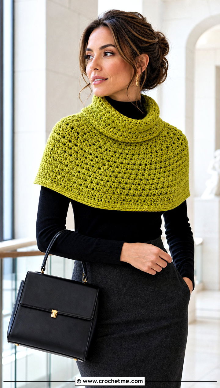 Crochet Capelet Cowl With Turtleneck And Pencil Skirt - 35 crochet neck warmer cowls outfit ideas