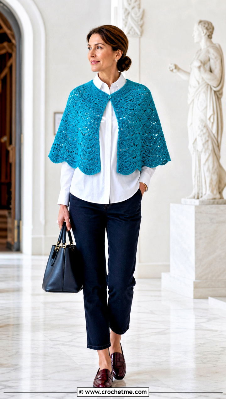 Crochet Capelet Poncho With A Button Down Shirt - 15 Easy Crochet Ponchos outfit ideas