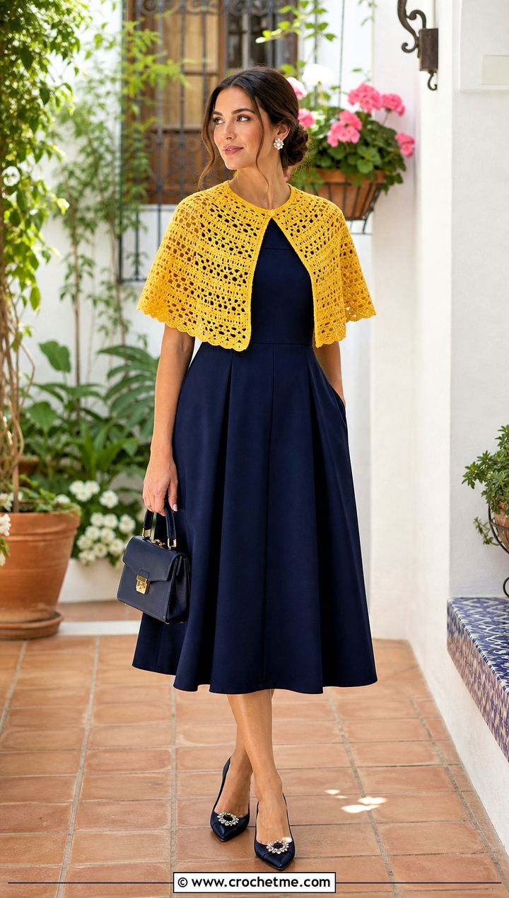 Crochet Capelet Poncho With A Fit And Flare Dress - 25 Simple Crochet Poncho outfit ideas