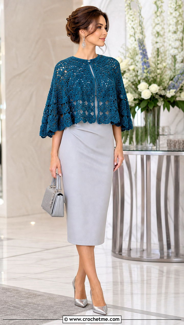 Crochet Capelet Poncho With A Pencil Dress - 15 Crocheted Poncho outfit ideas
