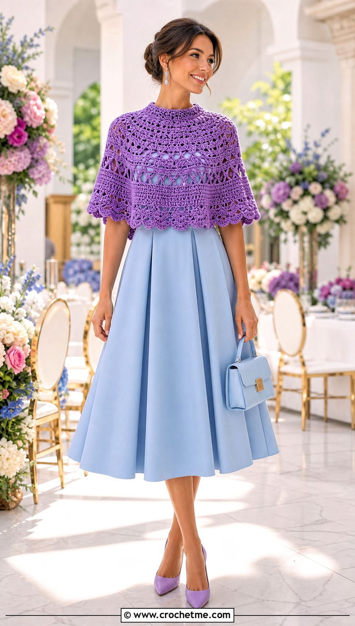 Crochet Capelet Poncho With Fit And Flare Dress - 20 crochet poncho for women outfit ideas
