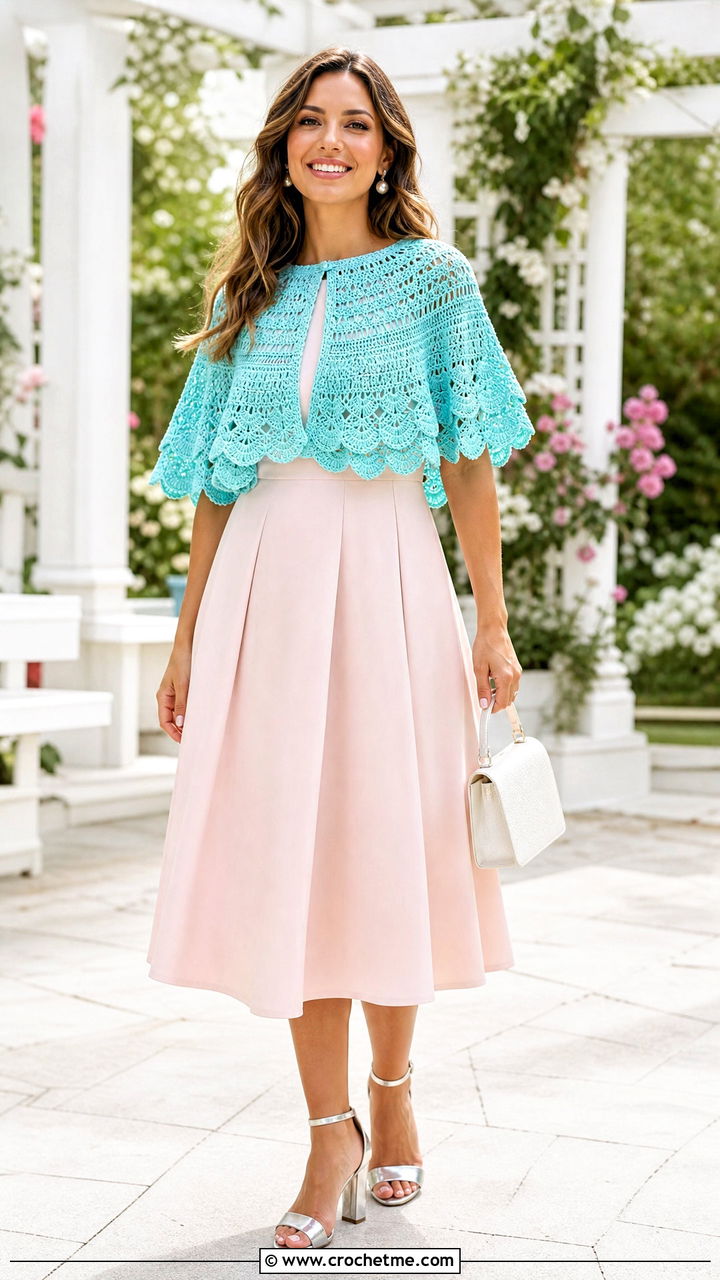 Crochet Capelet Poncho With Fit And Flare Dress - 35 easy crochet poncho woman outfit ideas