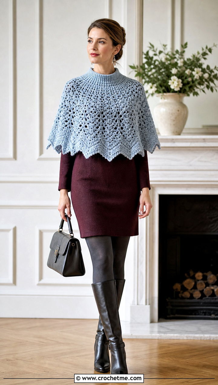 Crochet Capelet Poncho With Wool Shift Dress - 30 woman winter crochet poncho outfit ideas