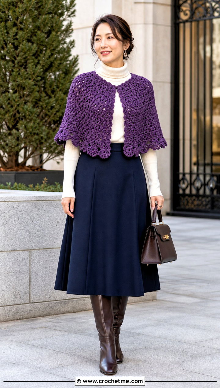 Crochet Capelet Shawl With Turtleneck And Midi Skirt - 30 simple crochet shawls and wraps outfit ideas
