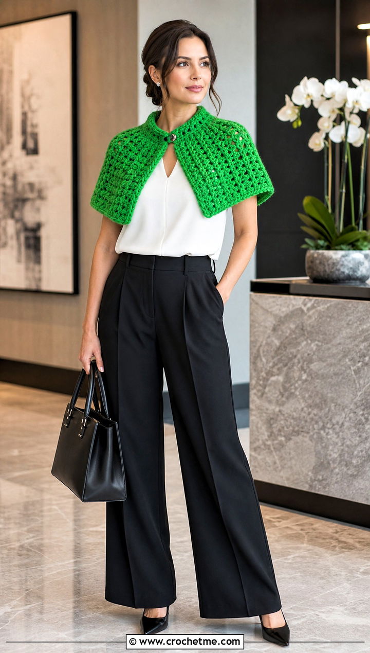 Crochet Capelet Shawl With Wide Leg Suit - 15 Super Bulky Crochet Shawl outfit ideas