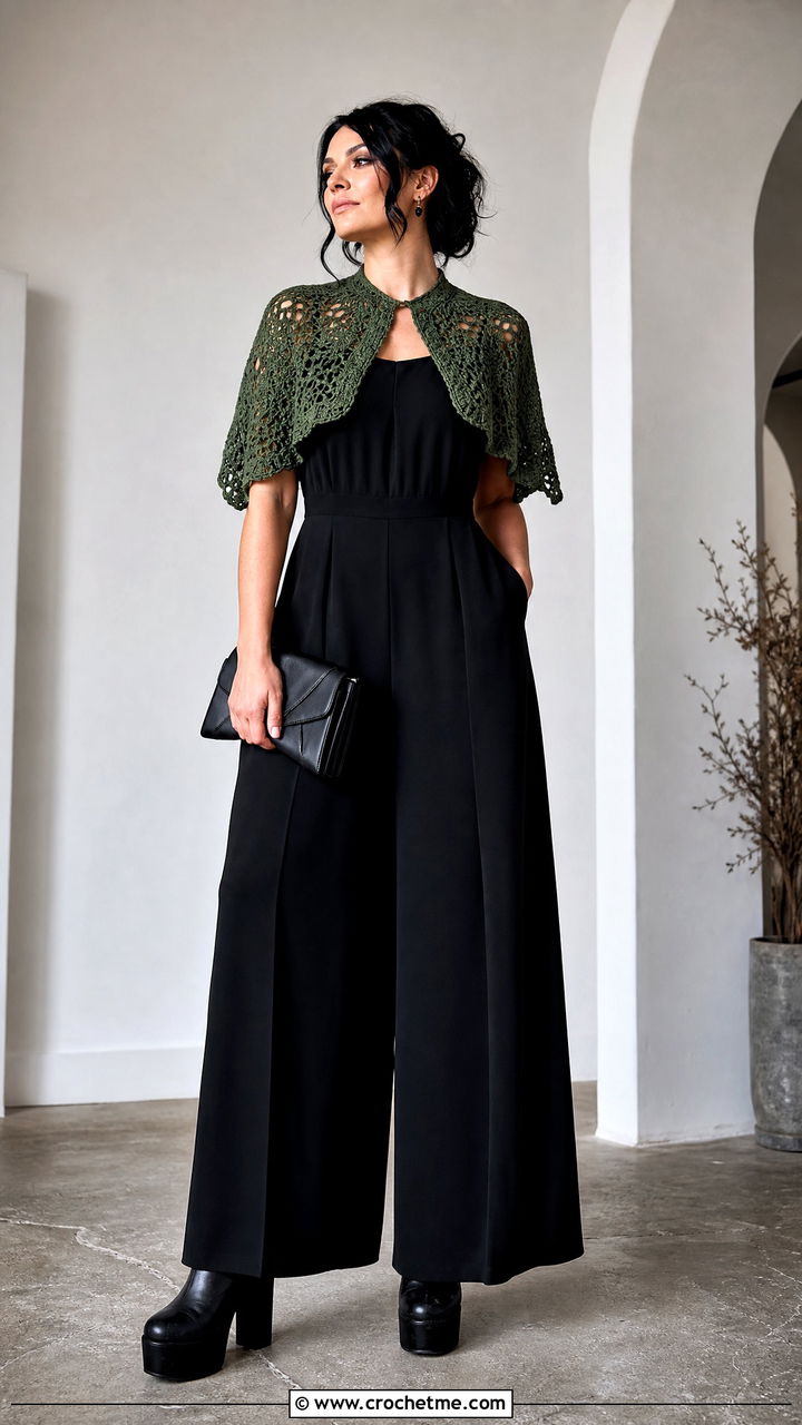 Crochet Capelet Top With Jumpsuit - 35 goth crochet top outfit ideas