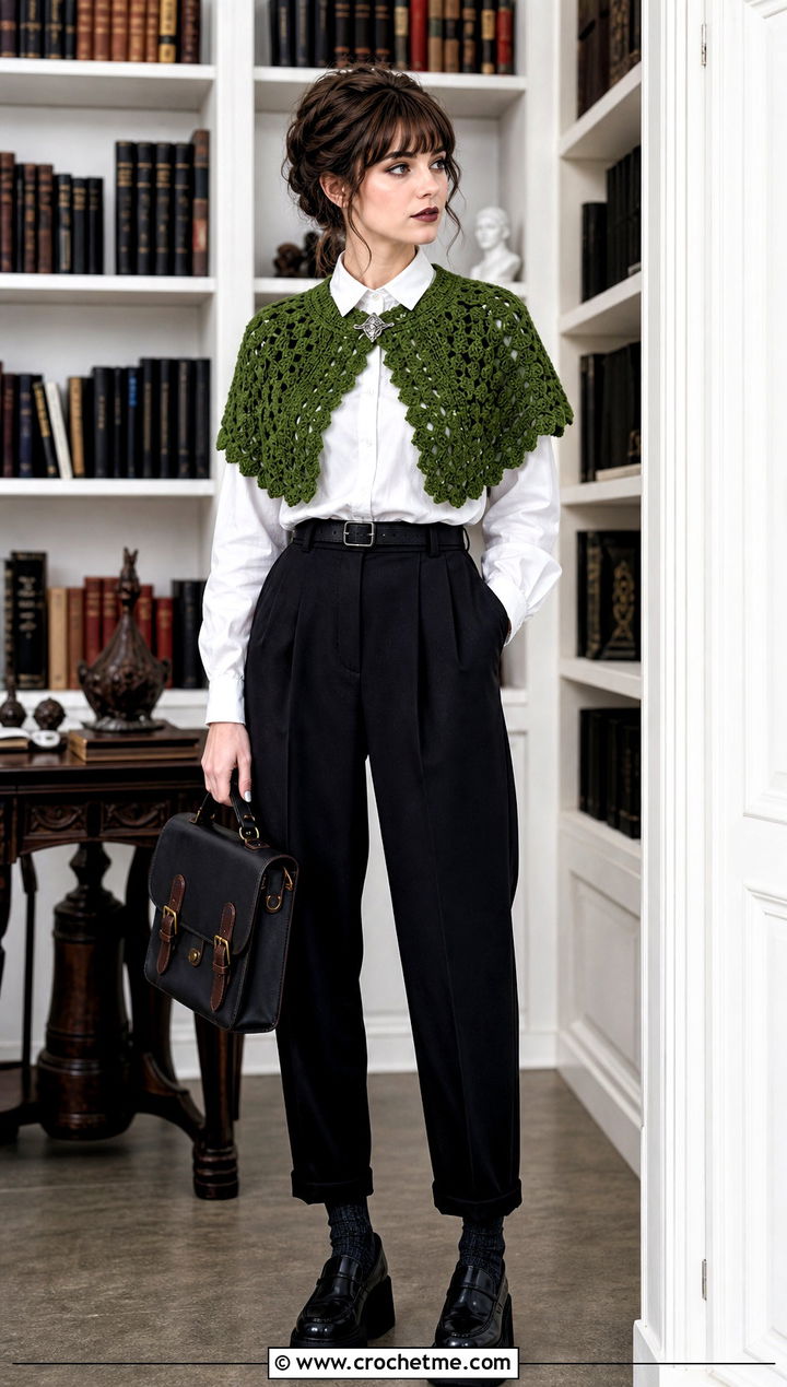 Crochet Capelet With Button Down Shirt And Trousers - 15 goth crochet clothing and outfit ideas
