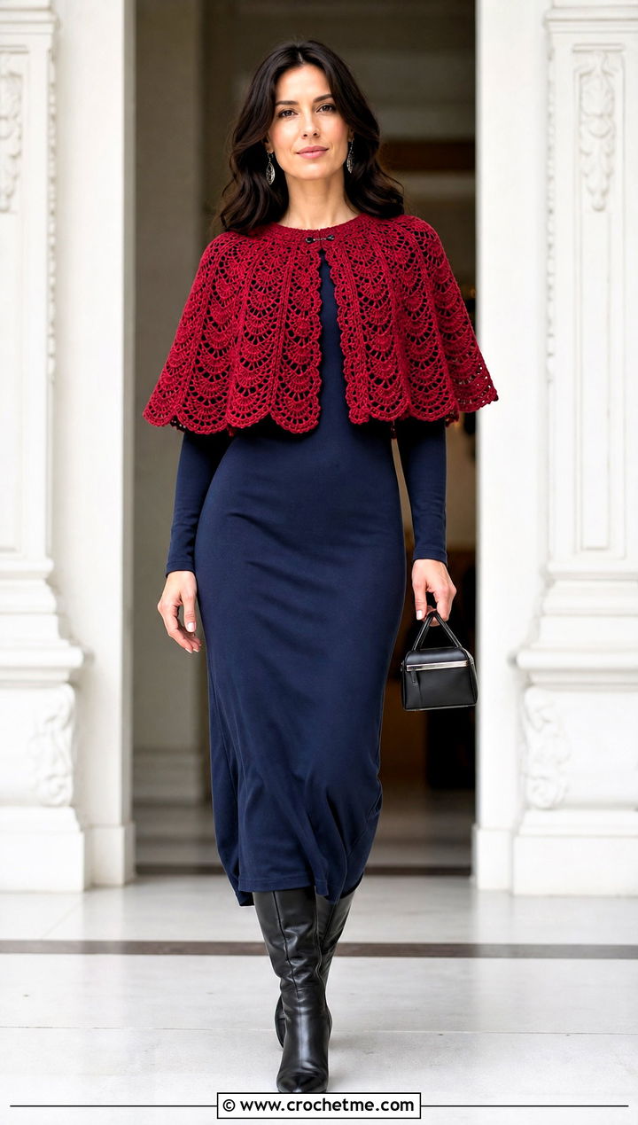 Crochet Capelet With Column Dress And Boots - 25 Autumn Crochet Outfit ideas