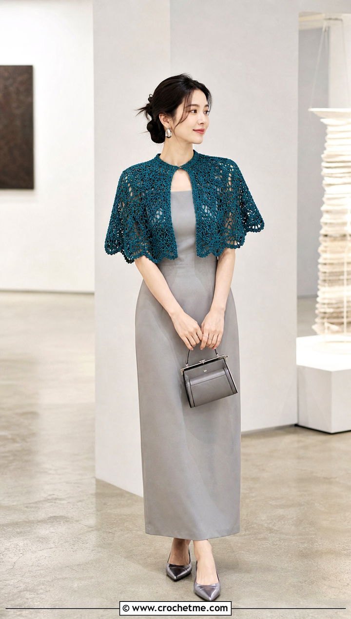 Crochet Capelet With Column Dress - 30 korean crochet outfits ideas