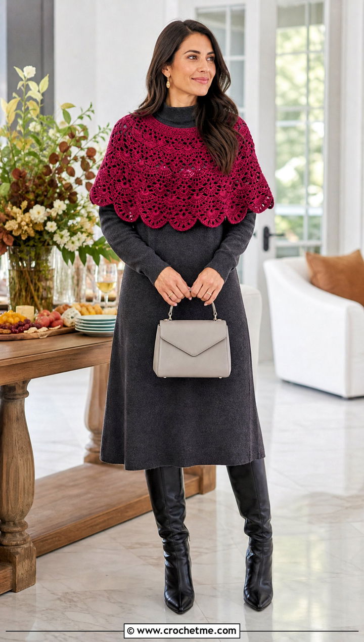 Crochet Capelet With Knit Midi Dress - 25 Fall Crochet Outfit Ideas
