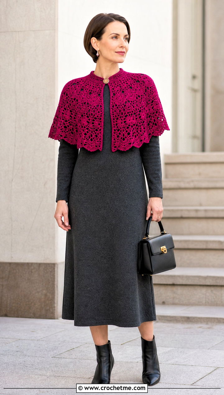 Crochet Capelet With Long Sleeve Midi Dress - 30 crochet clothing for beginners outfit ideas