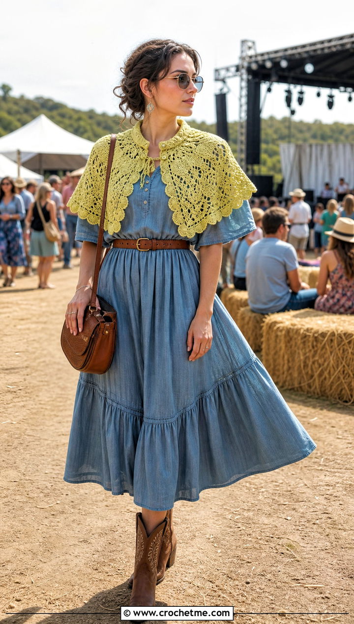 Crochet Capelet With Prairie Midi Dress - 25 crochet festival clothes and outfit ideas
