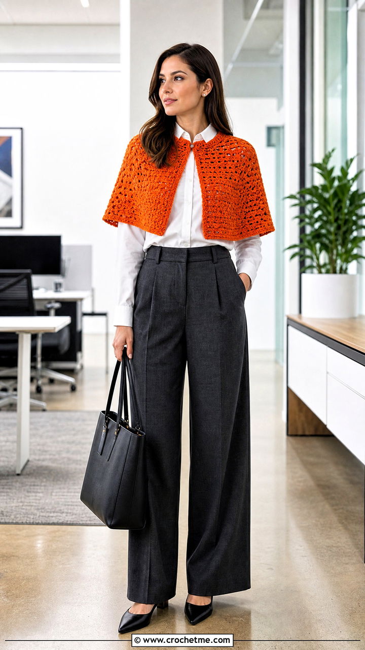 Crochet Capelet With Tailored Wide Leg Trousers - 35 crochet wrap outfit ideas