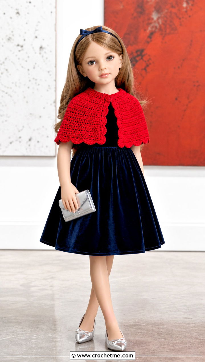 Crochet Capelet With Velvet Dress Doll Outfit - 15 Crochet Doll Clothes English outfit ideas