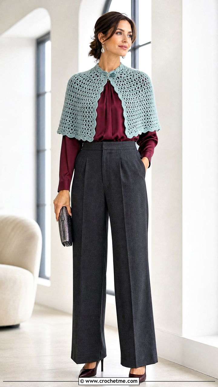 Crochet Capelet With Wide Leg Trousers - 35 fall crochet clothes and outfit ideas