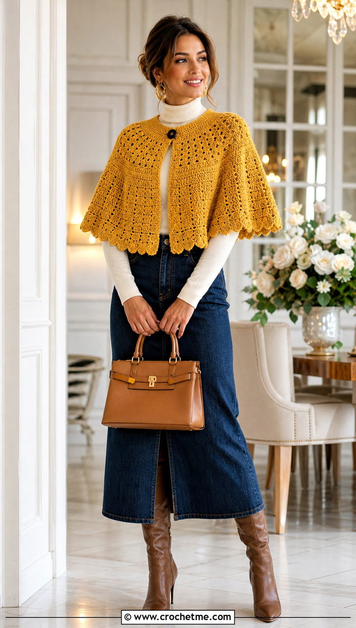 Crochet Capelet With a Turtleneck and Midi Skirt - 35 Crochet Winter Outfits ideas