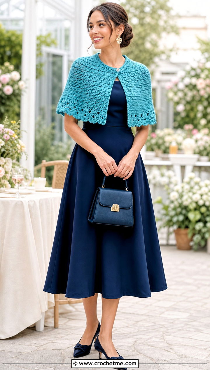Crochet Capelet Wrap With A Midi Dress - 15 Beginner Crochet Wrap outfit ideas