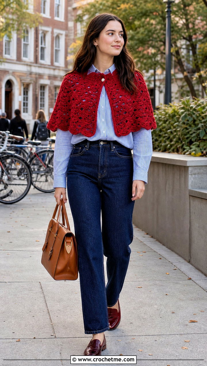 Crochet Capelet Wrap With Button Down Shirt And Jeans - 15 Crochet Wraps outfit ideas
