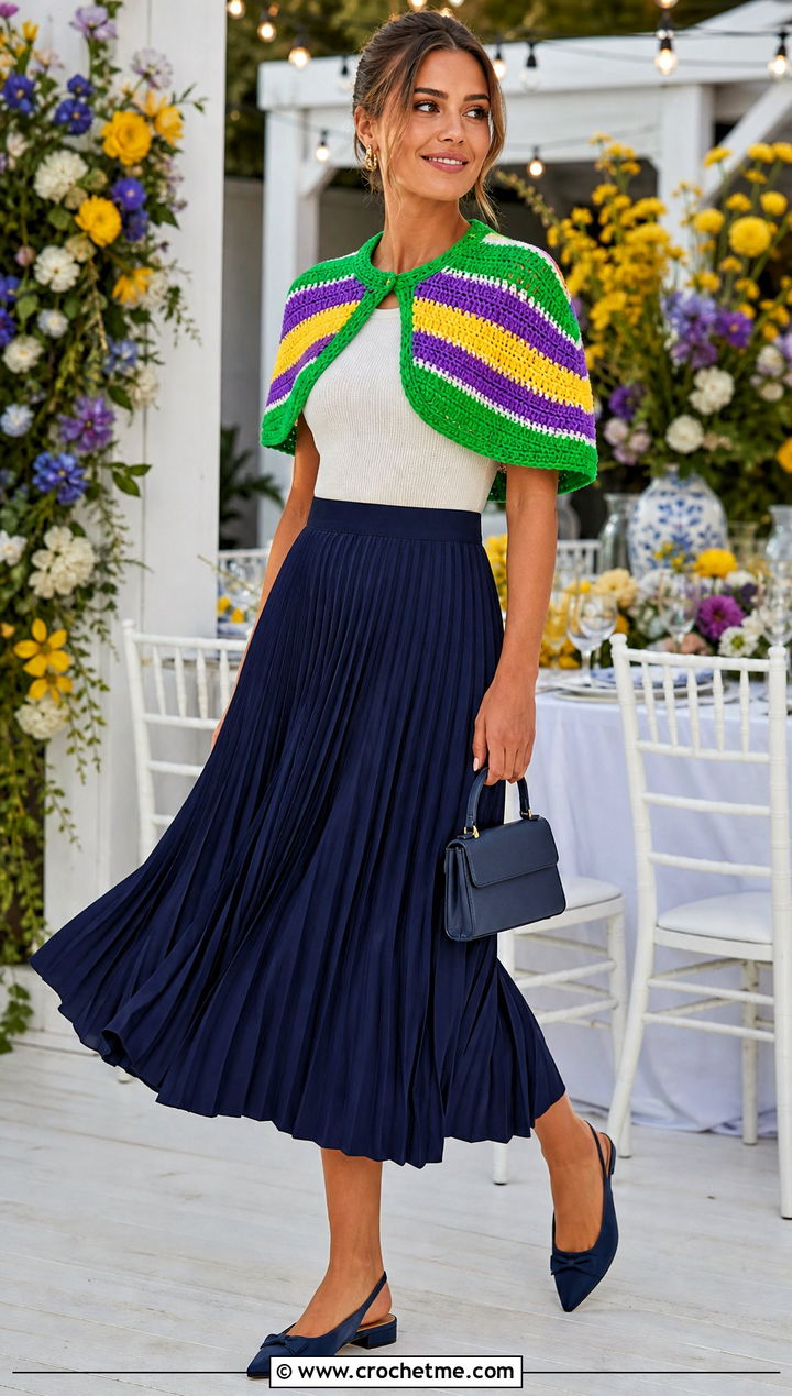 Crochet Capelet Wrap With Pleated Midi Skirt - 15 Colorful Striped Crochet Wrap outfit ideas