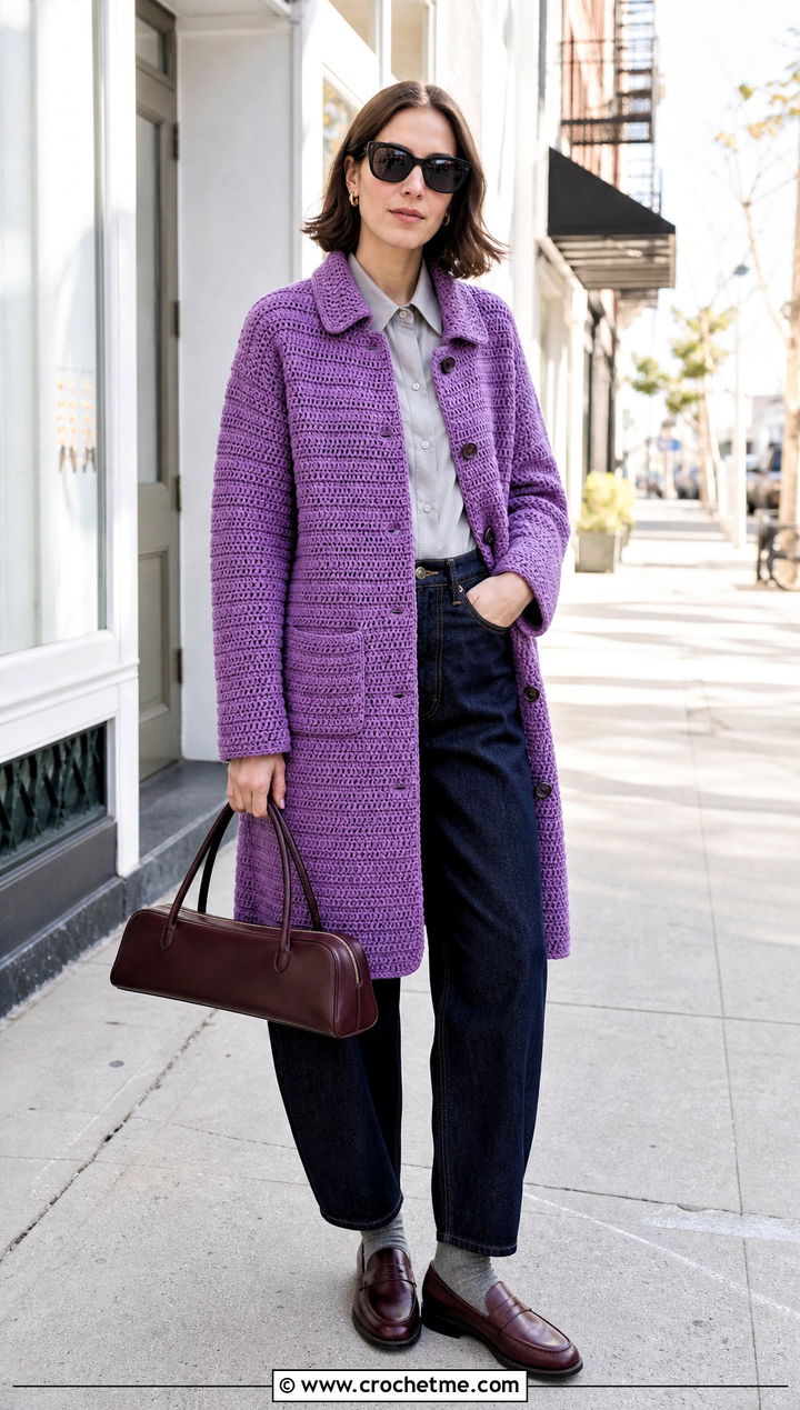 Crochet Car Coat With Barrel Jeans - 20 Crochet Winter Coat outfit ideas